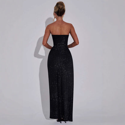 Damen Strapless Maxikleid Schimmerstoff Eleganter Beinschlitz