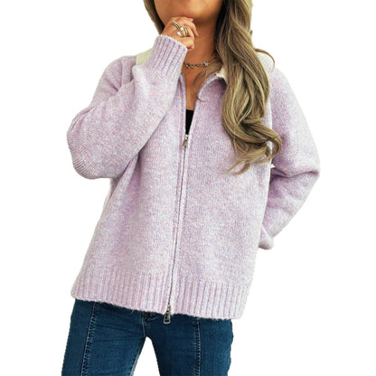 Damen Strickjacke Kontrastkragen Reißverschluss Norvielle