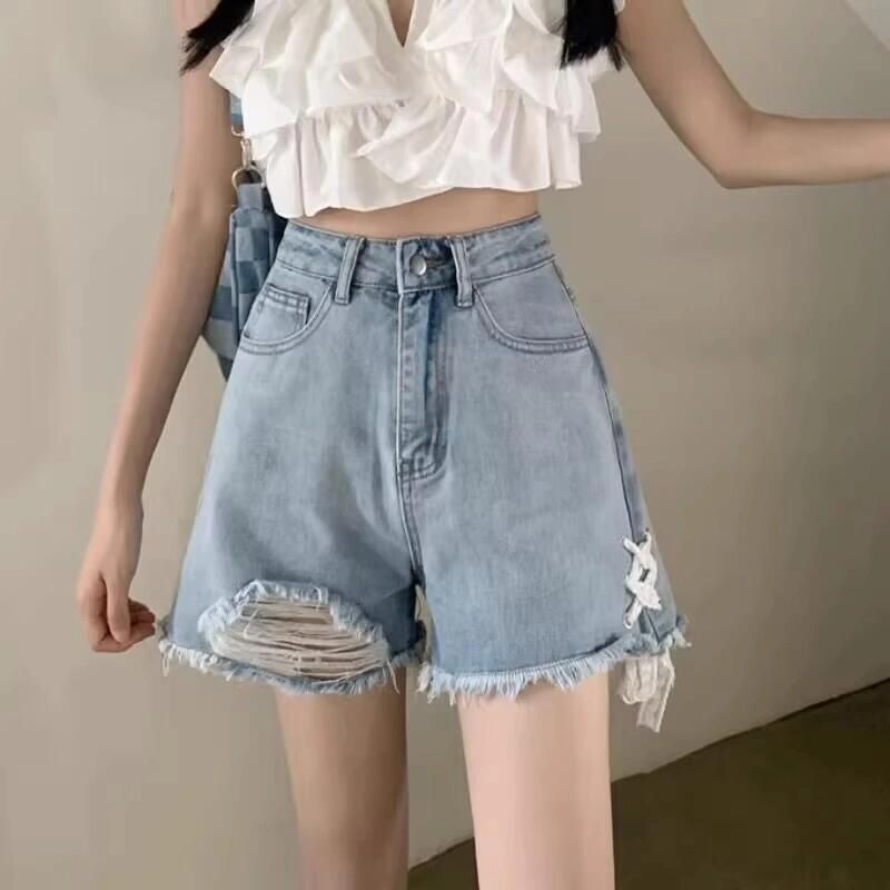 Damen Jeansshorts Destroyed Effekt Dunkelblau