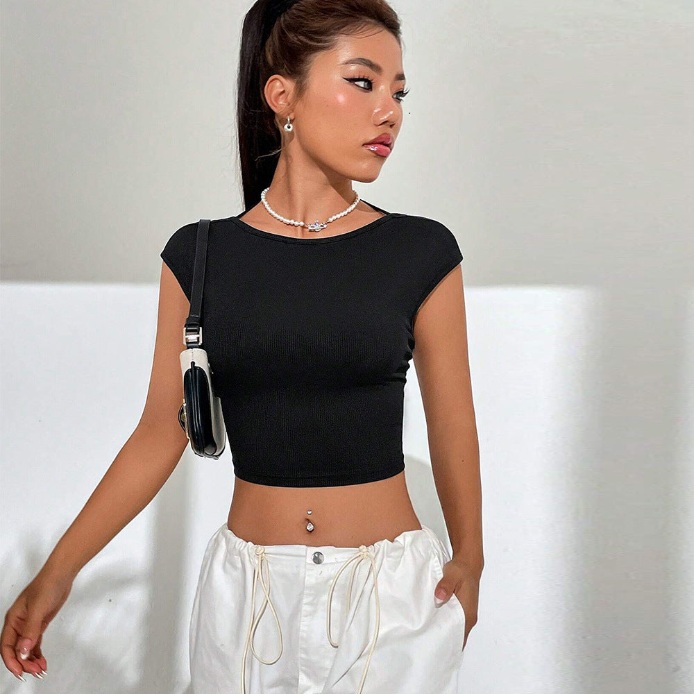 Damen T-Shirt Rundhals Cropped Rippdesign Weiß Norvielle