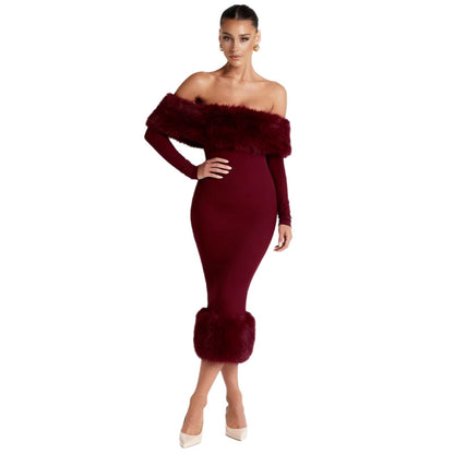Damen Kleid Figurbetont Kunstfell Akzent