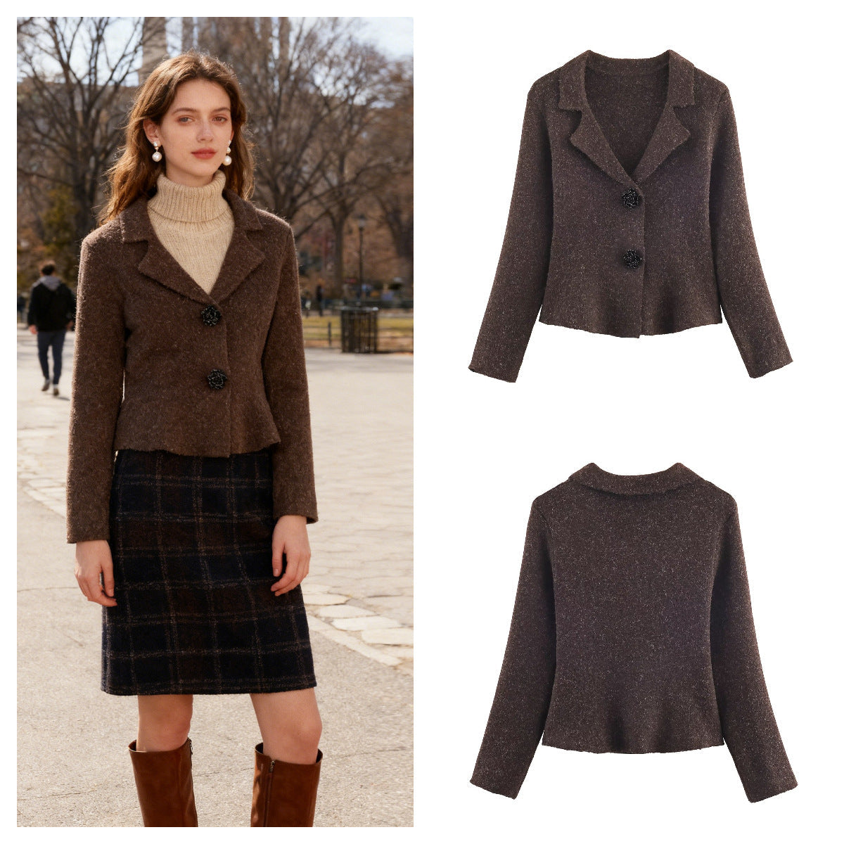 Damen Strickblazer Elegant Revers Beige - Norvielle