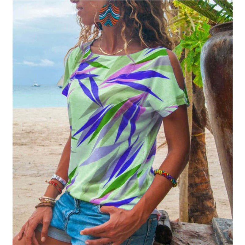 Damen T-Shirt Asymmetrisch Bunt Blattmotiv