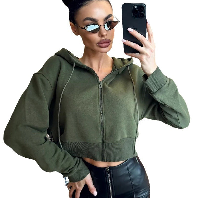 Damen Cropped Kapuzenjacke Reißverschluss Seitentaschen Norvielle