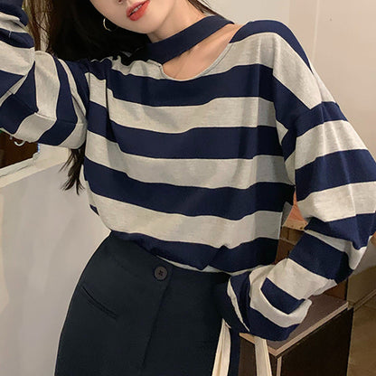 Damen Langarmshirt Streifen Modern Ausschnitt