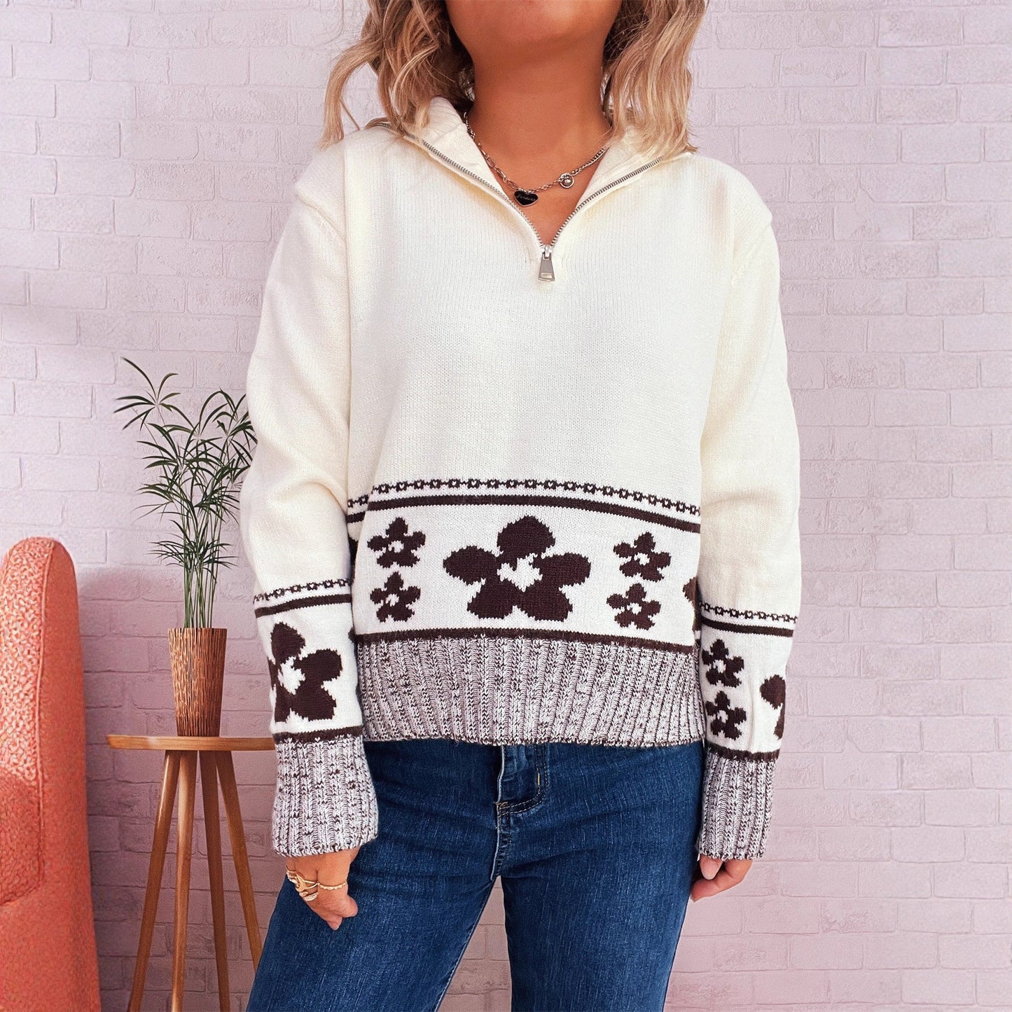 Damen Strickpullover Florales Muster Hoher Kragen Norvielle - Norvielle
