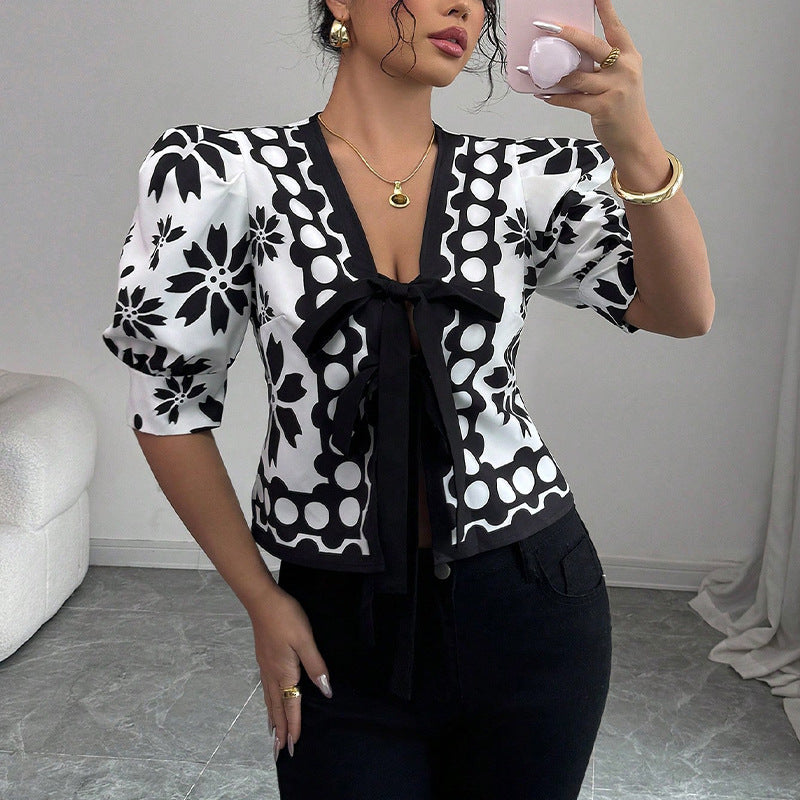 Damen Bluse Floralmuster Schleifenbindung Norvielle