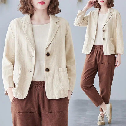 Damen Leinenblazer Lässig Kontrastknöpfe Beige - Norvielle