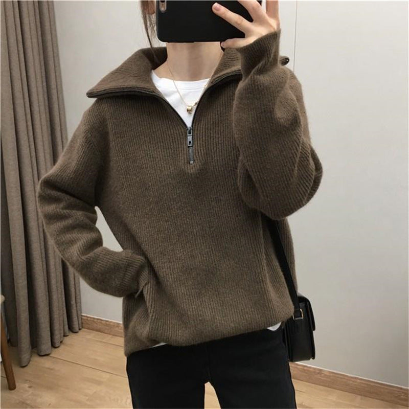 Damen Strickpullover Hochkragen Halbzipp Norvielle