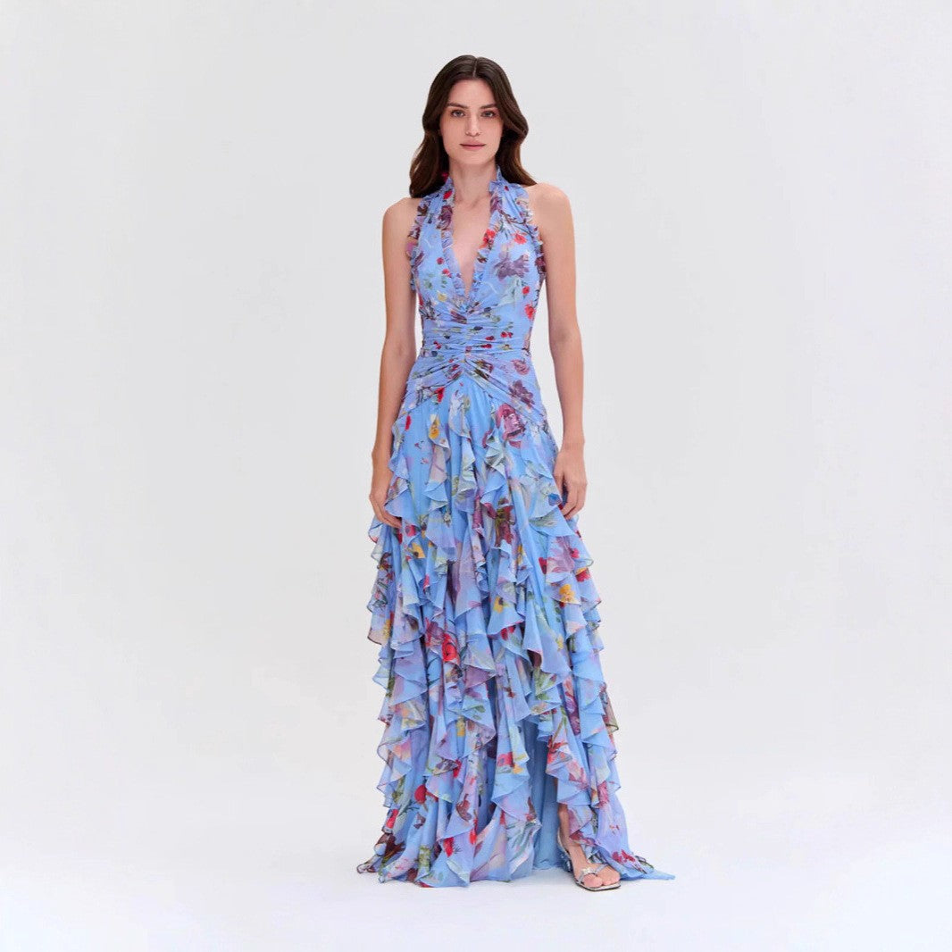 Damen Maxikleid Voluminöse Rüschen Florales Design - Norvielle