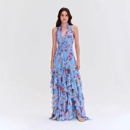 Damen Maxikleid Voluminöse Rüschen Florales Design - Norvielle