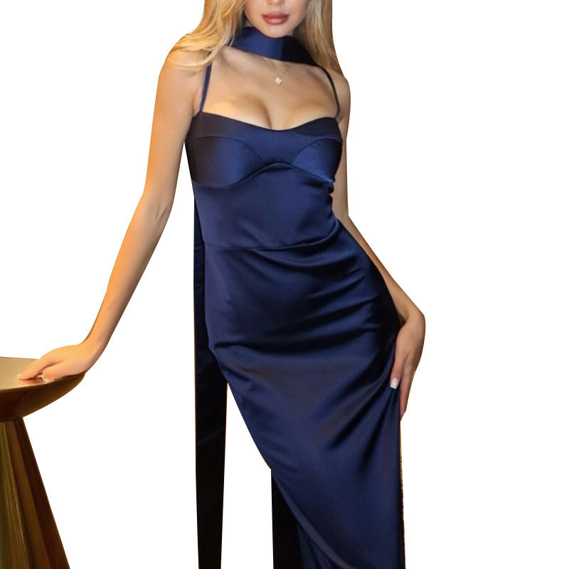 Damen Satin Maxikleid tiefes Dekolleté Spaghetti Träger