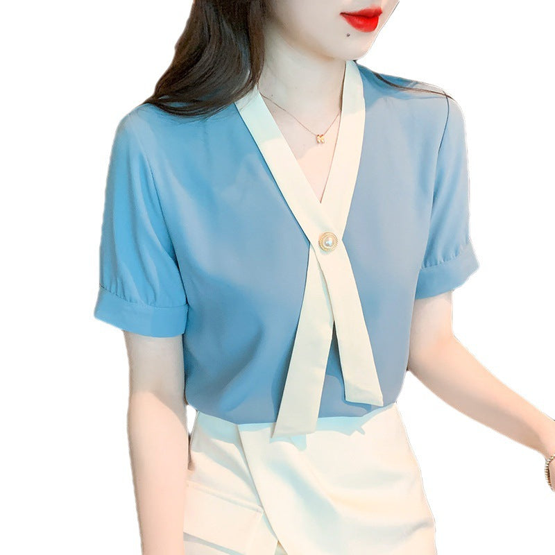 Damen Bluse Eleganter Wellenkragen Knopfdesign Weiß