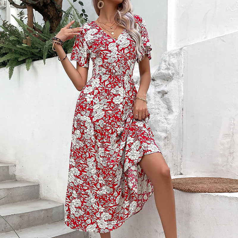Damen Midikleid Floralprint V-Ausschnitt Locker