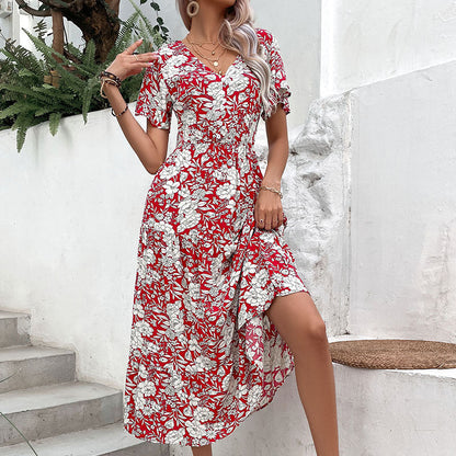 Damen Midikleid Floralprint V-Ausschnitt Locker