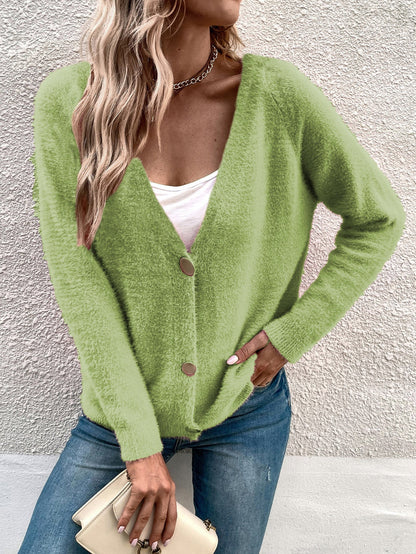 Damen Strickcardigan Weich V-Ausschnitt Große Knöpfe Beige