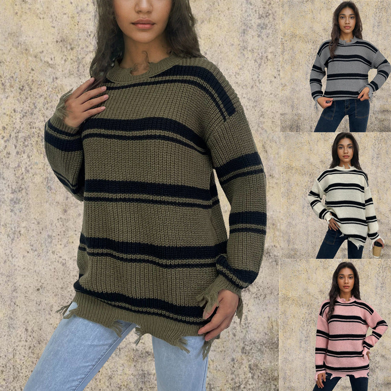 Damen Oversized Strickpullover Streifenmuster Französische Fransen - Norvielle