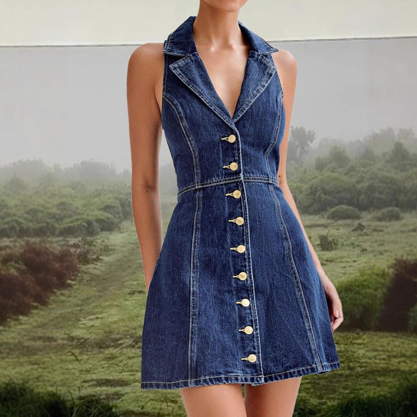 Damen Jeanskleid mit Kragen und Knöpfen Blau - Norvielle