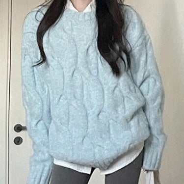 Damen Grobstrickpullover Strukturiertes Zopfmuster Lässig Beige