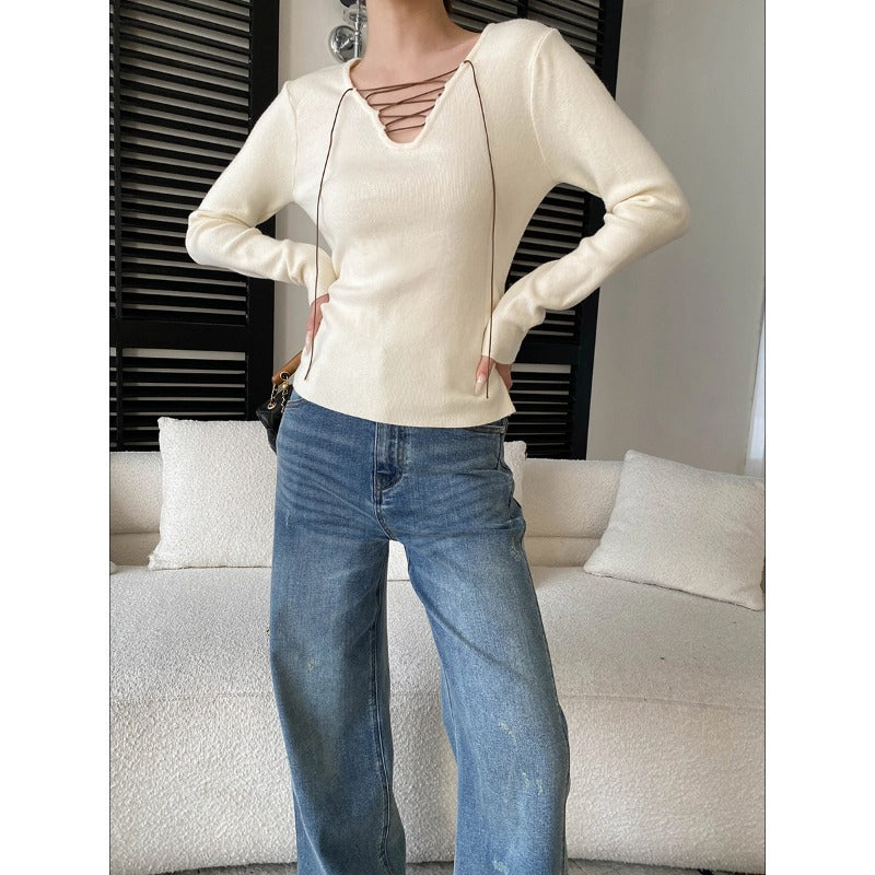 Damen Langarmshirt Schnürdesign Baumwolle Weiß - Norvielle