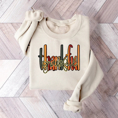 Damen Sweatshirt Mit Thankful Schriftzug Bequem Grau - Norvielle