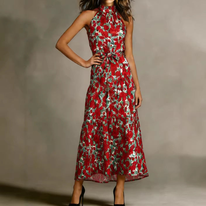 Damen Maxikleid Floralmuster Schmal Taillengürtel Norvielle