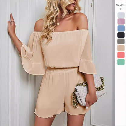 Damen Jumpsuit Off-Shoulder Voluminöse Ärmel Elastisch Beige - Norvielle