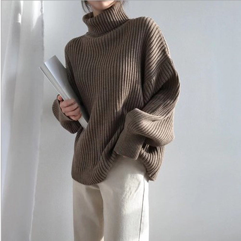 Damen Grobstrickpullover Hoher Kragen Voluminöse Ärmel Norvielle