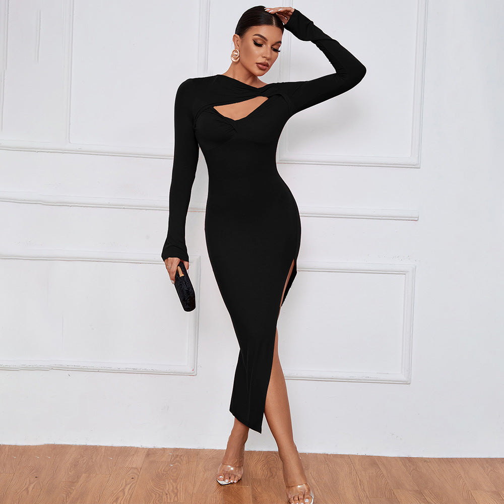 Damen Langarm-Kleid mit Cut-Out und hohem Schlitz Norvielle