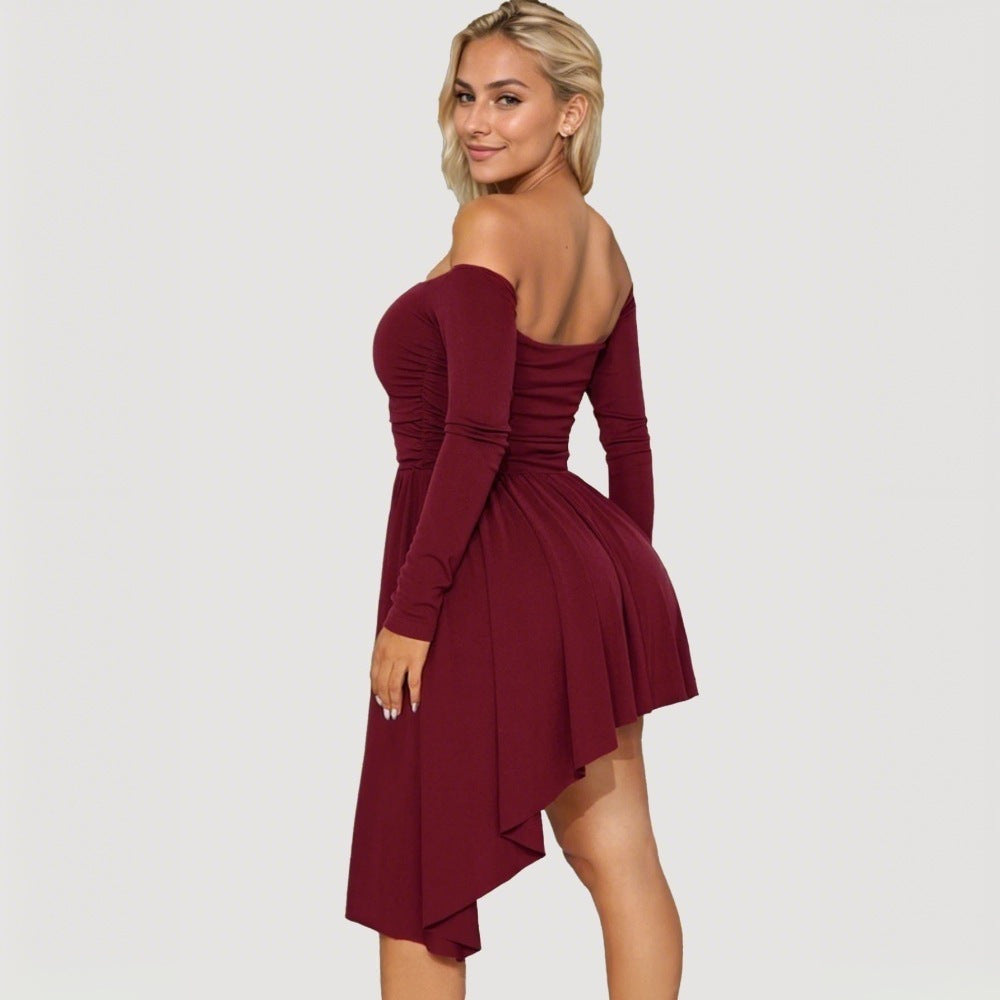 Damen Off-Shoulder Midi-Kleid Asymmetrisch Langärmlig
