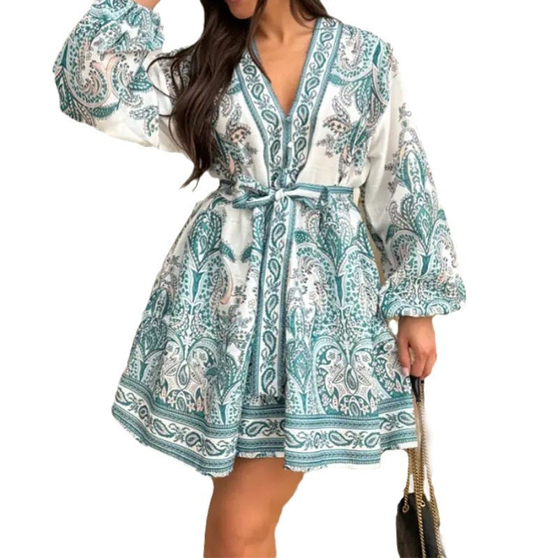 Damen Wickelkleid Smaragdgrün Paisley-Muster Langärmlig mit