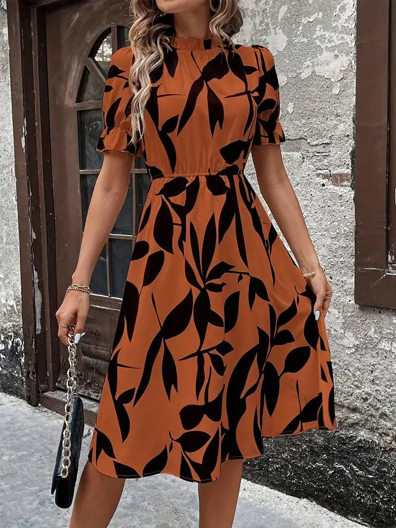 Damen Midi-Kleid Pflanzenmuster Gummizug