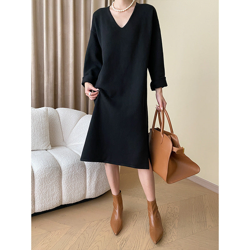 Damen Strickkleid V-Ausschnitt Ärmelaufschläge Norvielle - Norvielle