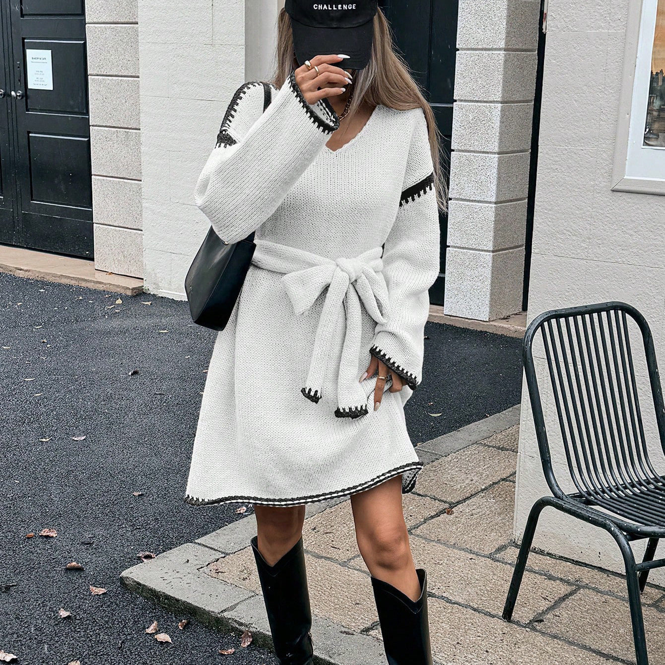 Damen Strickkleid Gürtel V-Ausschnitt Norvielle