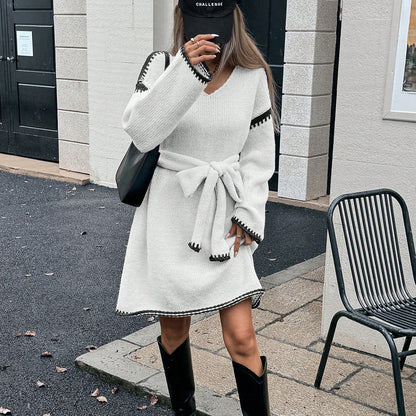 Damen Strickkleid Gürtel V-Ausschnitt Norvielle