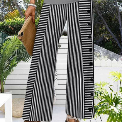 Damen Streifenpalazzo-Hose Weite Passform Knopfdetails