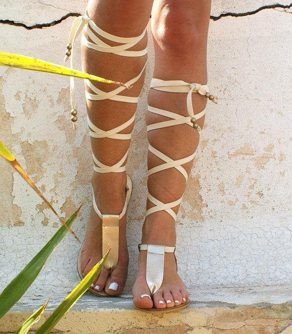 Damen Gladiator Sandalen Leder Beige