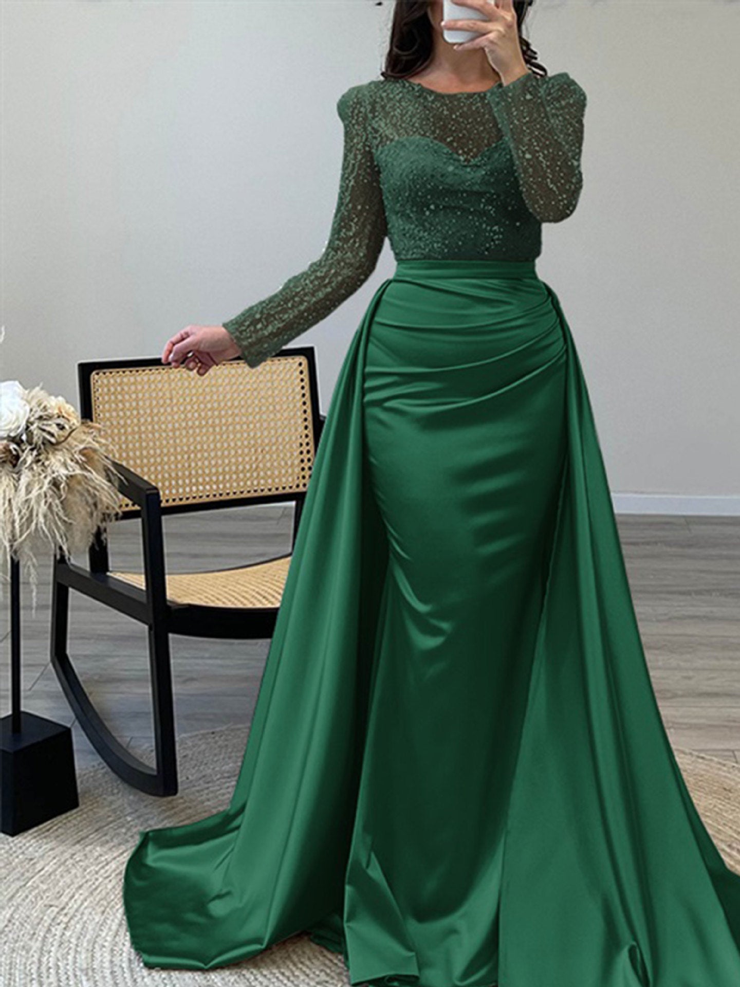 Damen Abendkleid Paillettenoberteil Satinrock Elegant