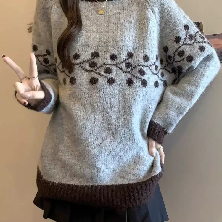 Damen Strickpullover Weich Floralmuster Spitzen Beige