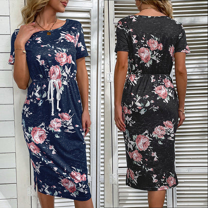 Damen Strandkleid Verstellbarer Taillenzug Florales Muster