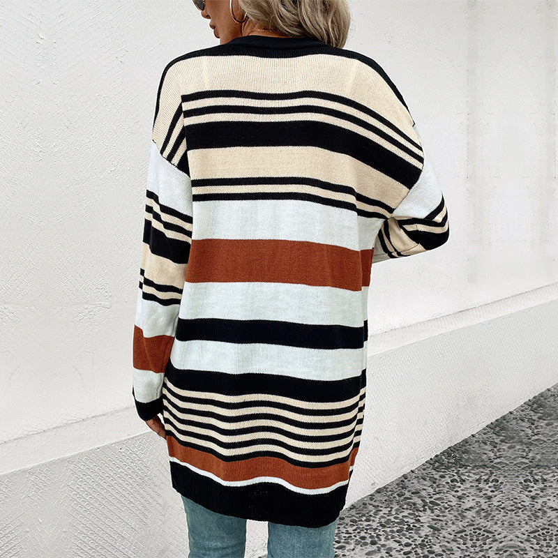 Damen Strickcardigan Lässig Weite Ärmel Streifen Beige