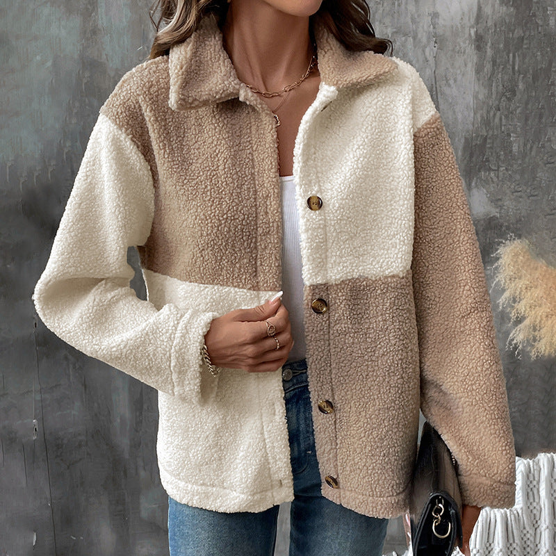 Damen Teddyjacke Nachhaltig Farbblockdetails Beige