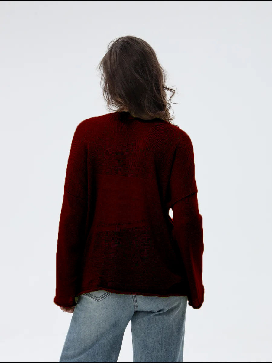 Damen Pullover Lässig Weite Ärmel Feines Lochstrick Beige