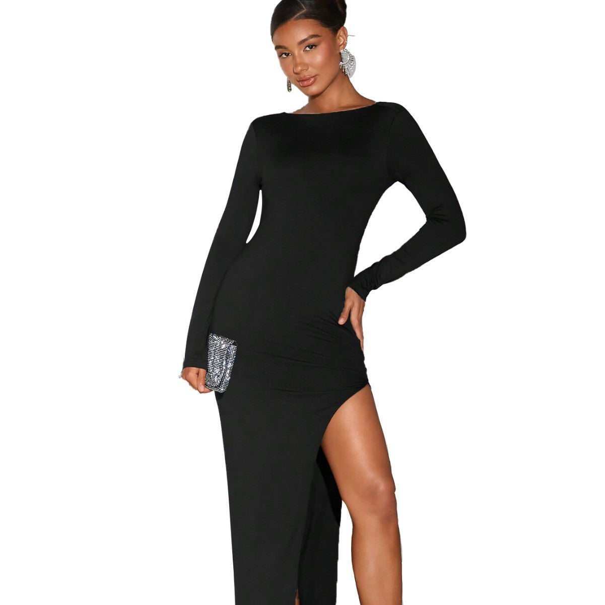 Damen Abendkleid Lang mit Glitzer-Seiteneinsatz und hohem Schlitz