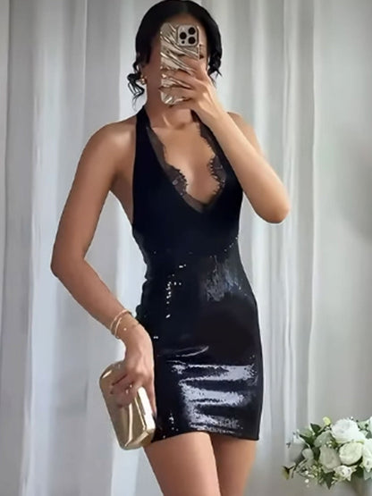 Damen Minikleid Pailletten V-Ausschnitt Spitze
