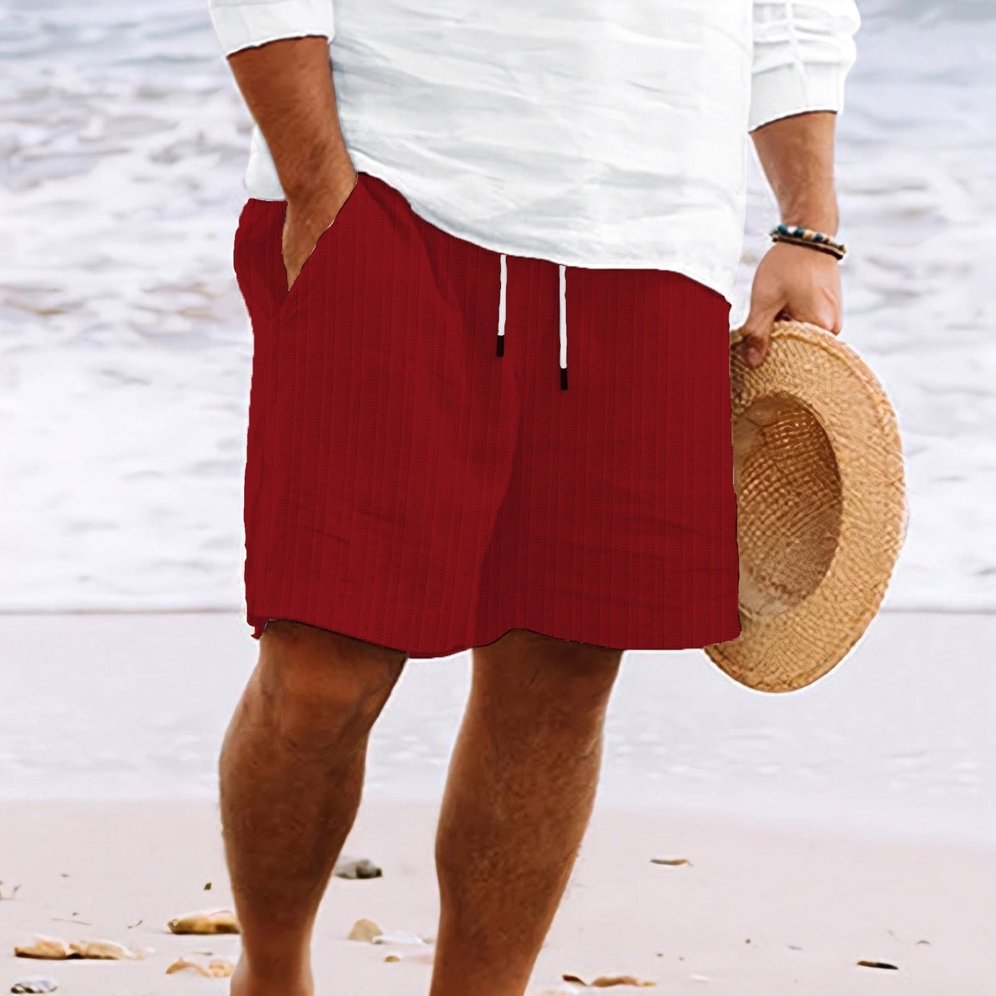 Herren Strandshorts Gestreift Kordelzug Locker Sitz Weiß