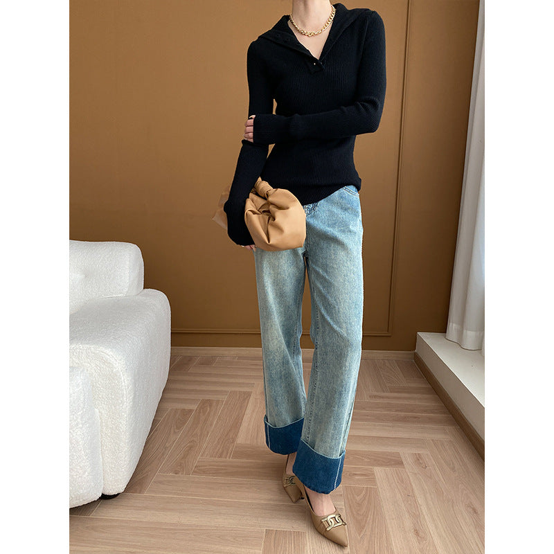 Damen Strickpullover V-Ausschnitt Knopfleiste Norvielle