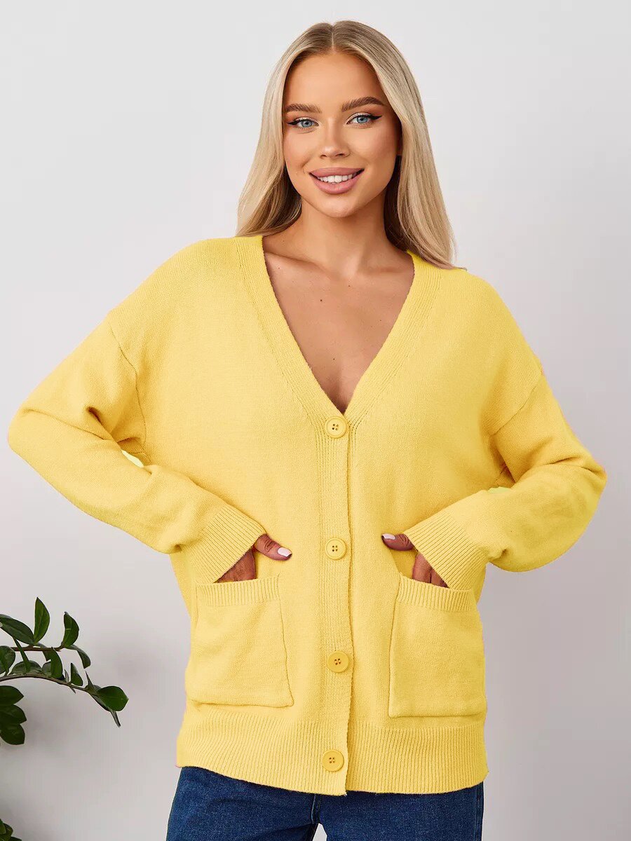 Damen Strickcardigan V-Ausschnitt Taschen Norvielle