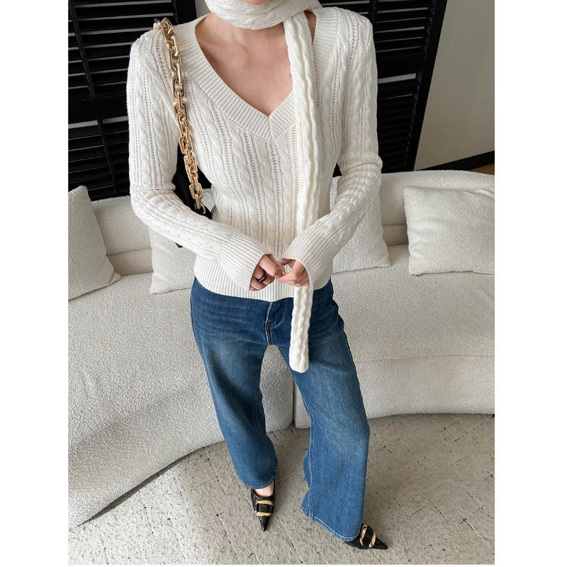 Damen Pullover V-Ausschnitt Feinrippstruktur Beige
