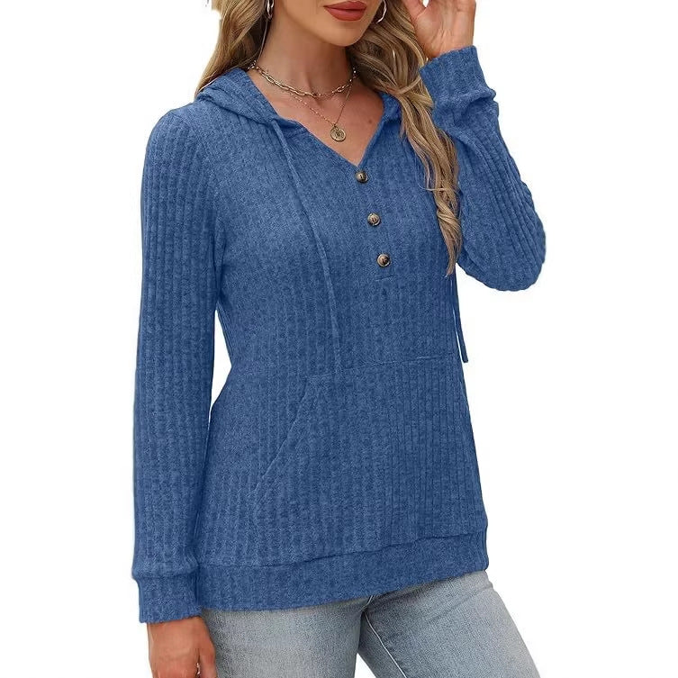 Damen Kapuzenpullover Kuschelfleece Knöpfe Seitentaschen Norvielle